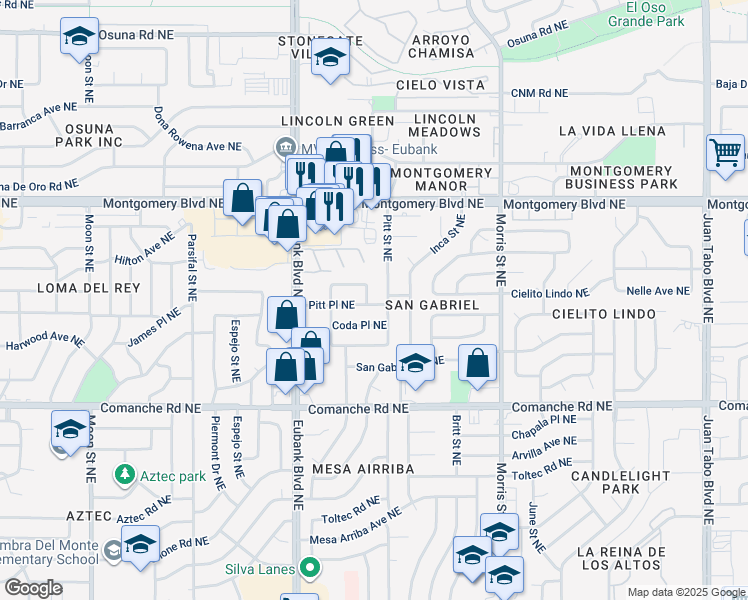 map of restaurants, bars, coffee shops, grocery stores, and more near 9908 Pitt Place Northeast in Albuquerque