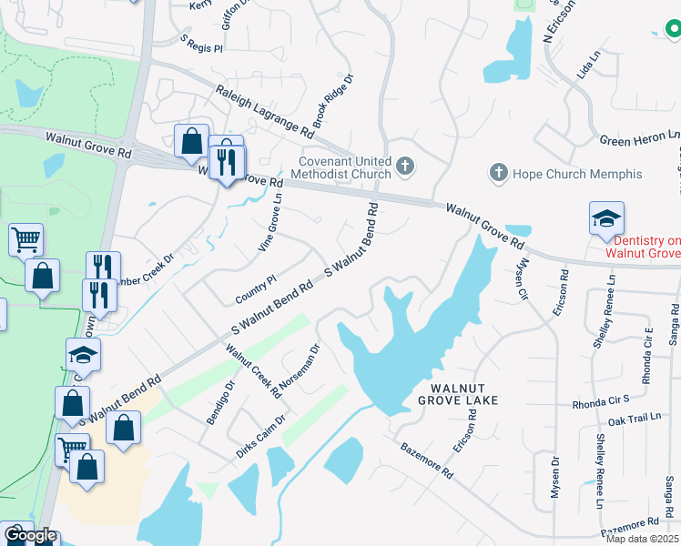 map of restaurants, bars, coffee shops, grocery stores, and more near 90 North Walnut Bend Road in Memphis