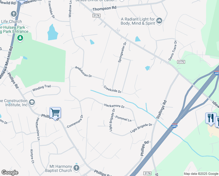 map of restaurants, bars, coffee shops, grocery stores, and more near 14001 Creekside Drive in Matthews