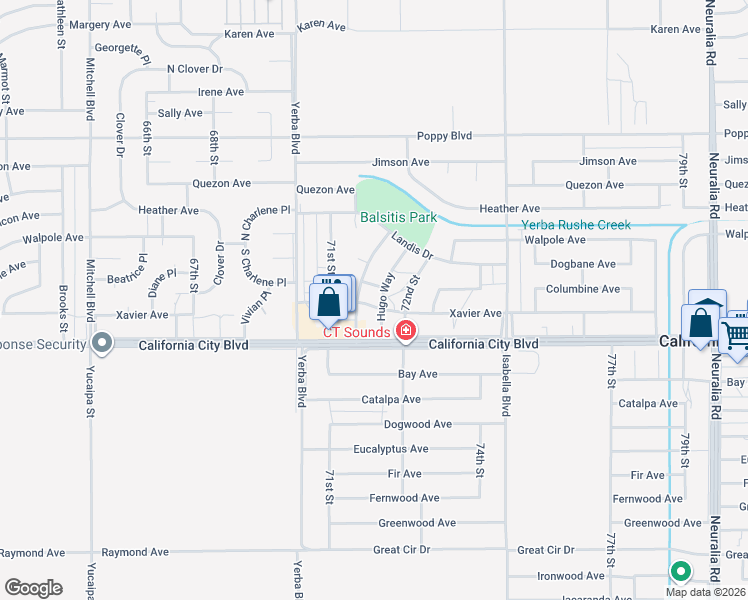 map of restaurants, bars, coffee shops, grocery stores, and more near Hugo Way in California City