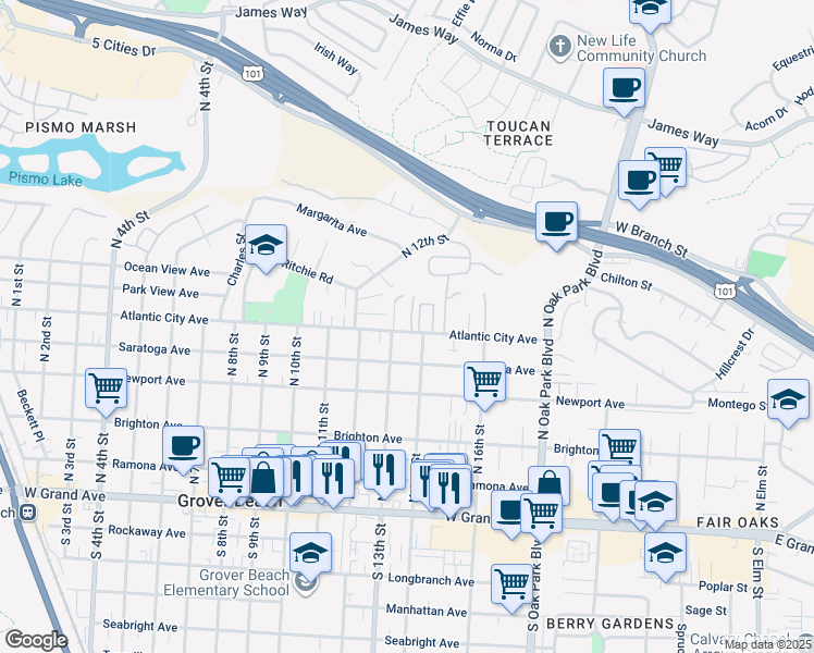map of restaurants, bars, coffee shops, grocery stores, and more near 1329 Atlantic City Avenue in Grover Beach