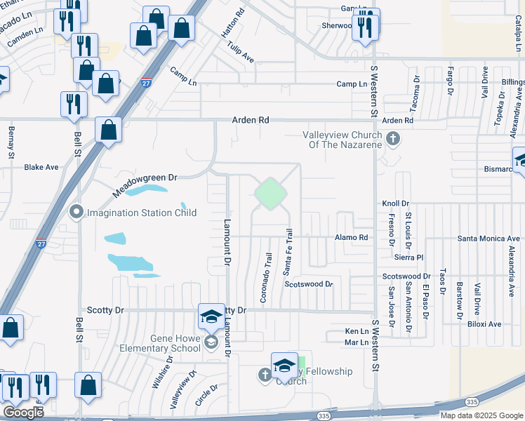 map of restaurants, bars, coffee shops, grocery stores, and more near 7901 Goodnight Trail in Amarillo