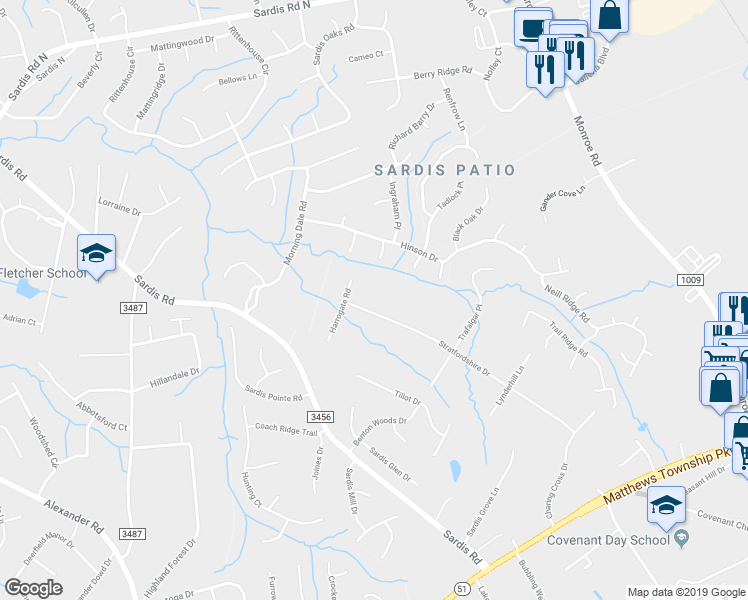 map of restaurants, bars, coffee shops, grocery stores, and more near 826 Stratfordshire Drive in Matthews