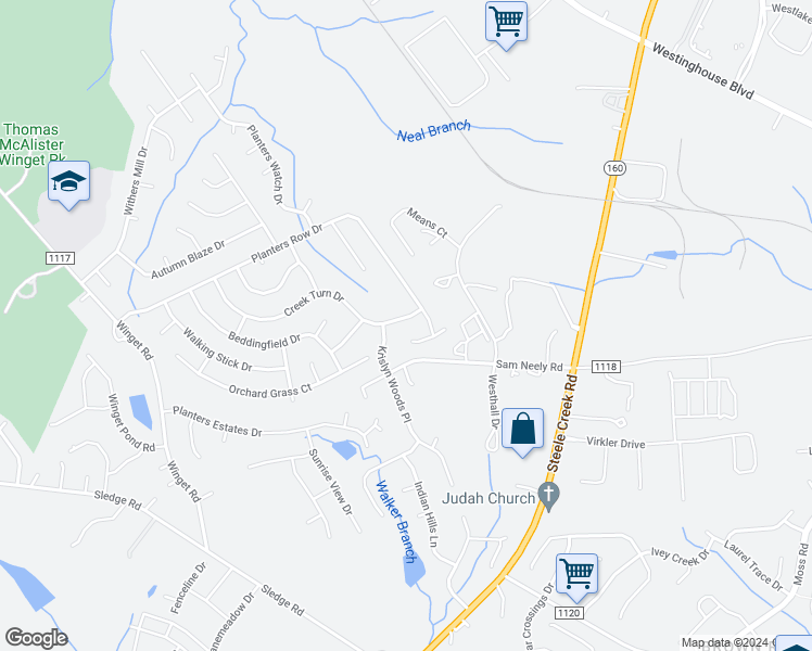 map of restaurants, bars, coffee shops, grocery stores, and more near 12232 Creek Turn Drive in Charlotte