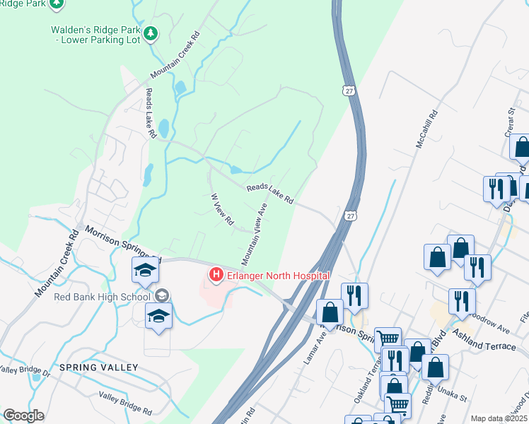 map of restaurants, bars, coffee shops, grocery stores, and more near 4128 Mountain View Avenue in Chattanooga