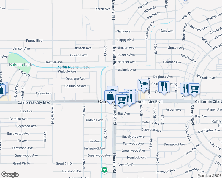 map of restaurants, bars, coffee shops, grocery stores, and more near 21130 Neuralia Road in California City