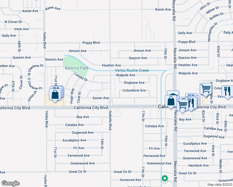 map of restaurants, bars, coffee shops, grocery stores, and more near 7501 Xavier Avenue in California City