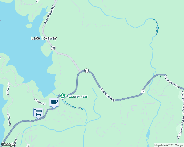 map of restaurants, bars, coffee shops, grocery stores, and more near U.S. Highway 64 in Lake Toxaway