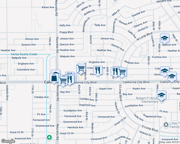 map of restaurants, bars, coffee shops, grocery stores, and more near 8325 Xavier Avenue in California City