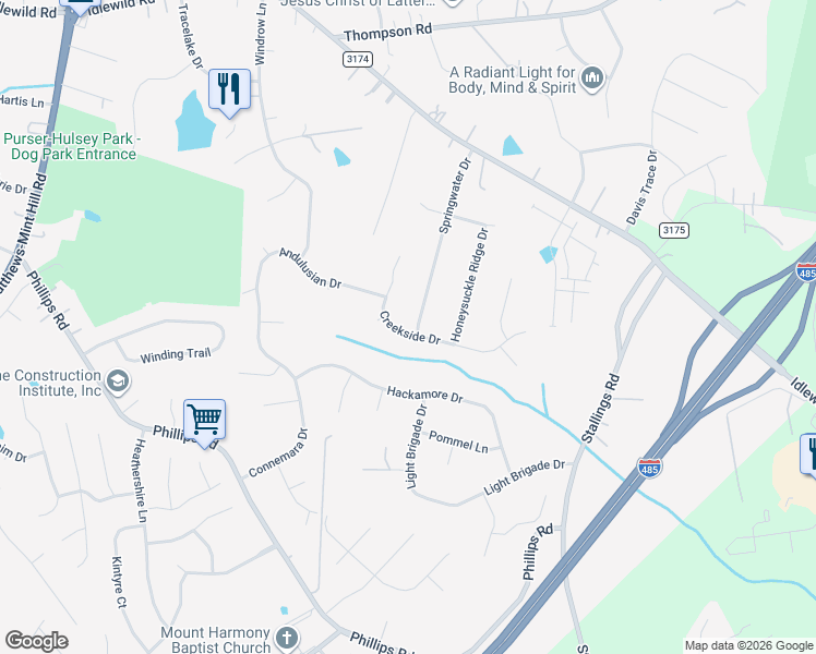 map of restaurants, bars, coffee shops, grocery stores, and more near 14001 Creekside Drive in Matthews