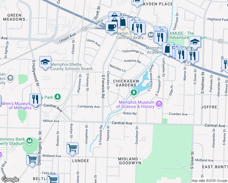 map of restaurants, bars, coffee shops, grocery stores, and more near 2893 Arawata Lane in Memphis
