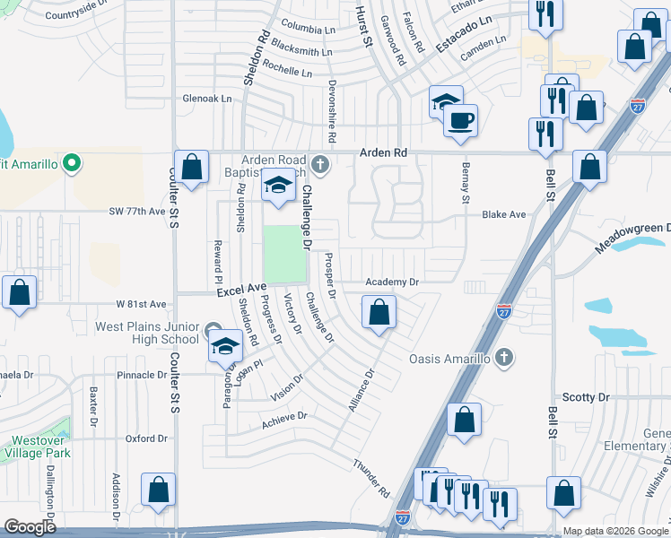 map of restaurants, bars, coffee shops, grocery stores, and more near 7912 Advance Place in Amarillo