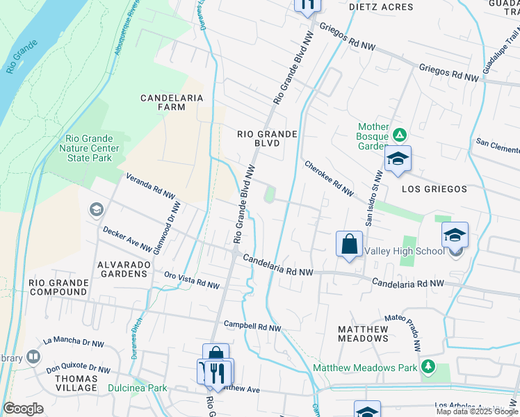 map of restaurants, bars, coffee shops, grocery stores, and more near 3214 Rio Grande Boulevard Northwest in Albuquerque