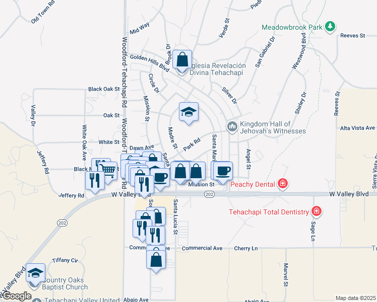 map of restaurants, bars, coffee shops, grocery stores, and more near 21238 Madre Street in Tehachapi
