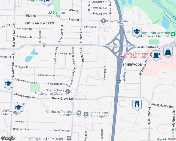map of restaurants, bars, coffee shops, grocery stores, and more near 5639 Shady Glen Road in Memphis