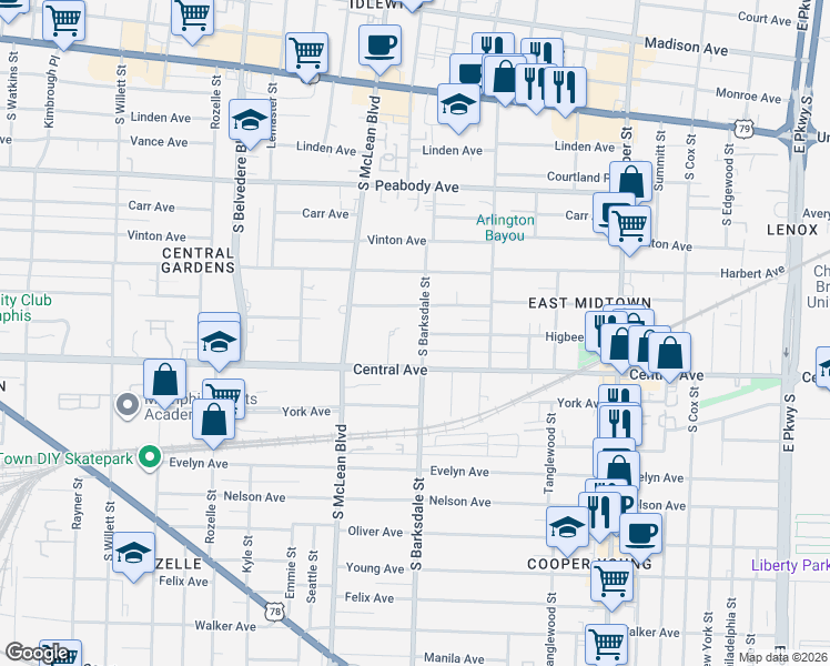 map of restaurants, bars, coffee shops, grocery stores, and more near 695 South Barksdale Street in Memphis