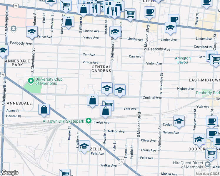 map of restaurants, bars, coffee shops, grocery stores, and more near 1683 Regents Park Drive in Memphis