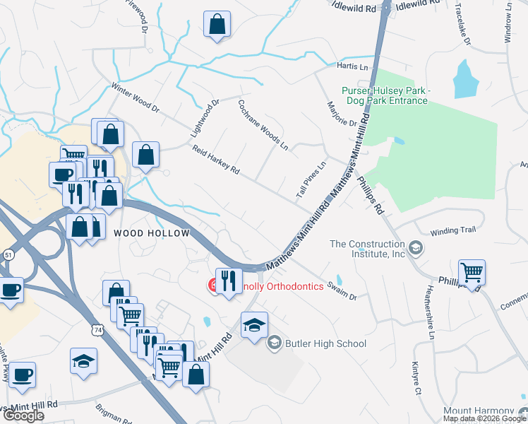 map of restaurants, bars, coffee shops, grocery stores, and more near 2311 Chateau Court in Matthews