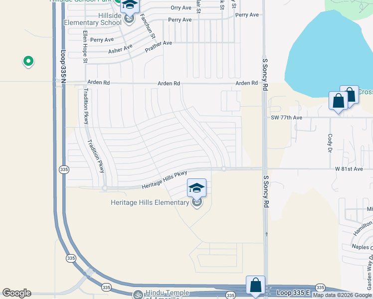 map of restaurants, bars, coffee shops, grocery stores, and more near 9306 Kori Drive in Amarillo