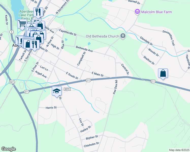 map of restaurants, bars, coffee shops, grocery stores, and more near 208 Clover Court in Aberdeen
