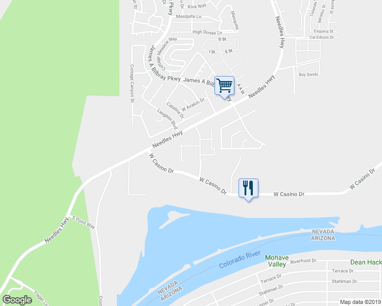 map of restaurants, bars, coffee shops, grocery stores, and more near 3843 Desert Marina Drive in Laughlin