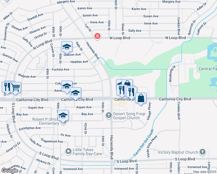 map of restaurants, bars, coffee shops, grocery stores, and more near 21101 Hacienda Boulevard in California City