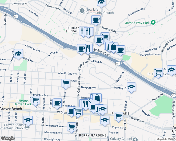 map of restaurants, bars, coffee shops, grocery stores, and more near 1545 Hillcrest Drive in Arroyo Grande