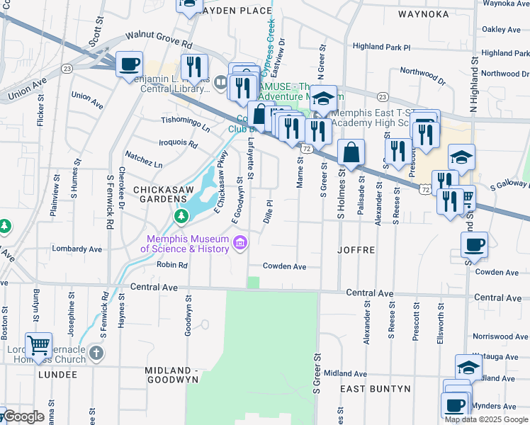 map of restaurants, bars, coffee shops, grocery stores, and more near 175 Dille Place in Memphis