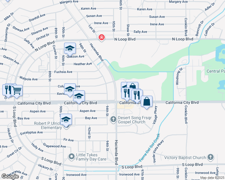 map of restaurants, bars, coffee shops, grocery stores, and more near 21101 Hacienda Boulevard in California City