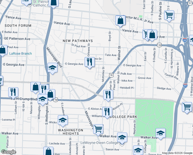 map of restaurants, bars, coffee shops, grocery stores, and more near 733 Hilyard Lane in Memphis