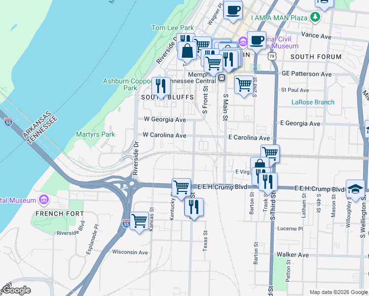 map of restaurants, bars, coffee shops, grocery stores, and more near 27 West Carolina Avenue in Memphis