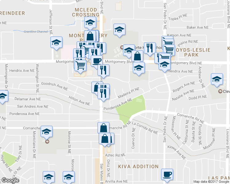 map of restaurants, bars, coffee shops, grocery stores, and more near Ortiz Court Northeast in Albuquerque