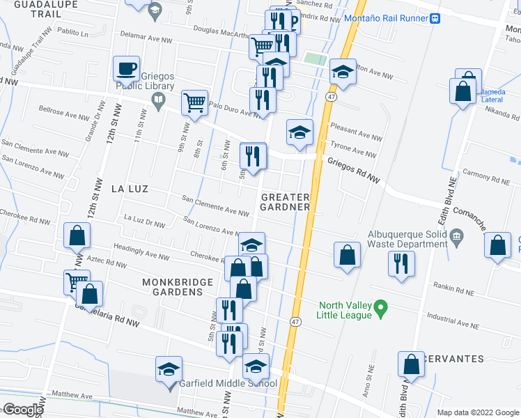 map of restaurants, bars, coffee shops, grocery stores, and more near 343 San Clemente Avenue Northwest in Albuquerque