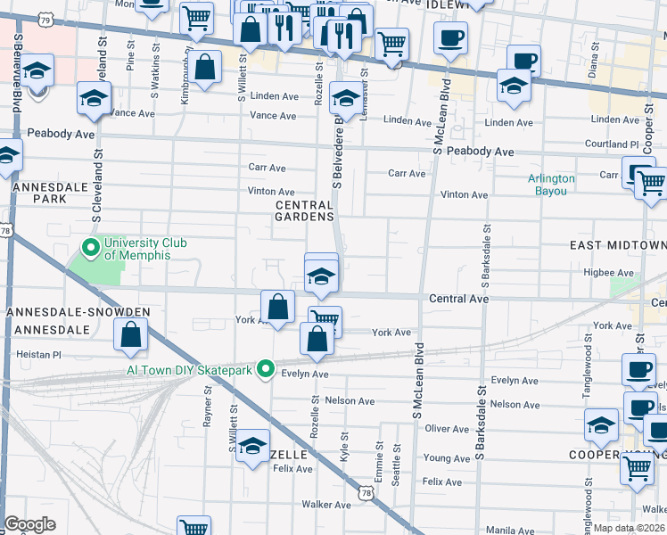 map of restaurants, bars, coffee shops, grocery stores, and more near 1683 Regents Park Drive in Memphis