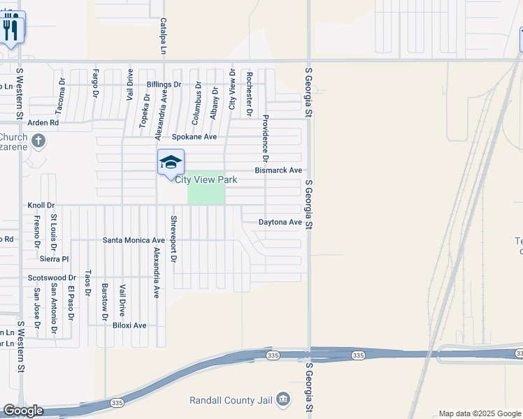 map of restaurants, bars, coffee shops, grocery stores, and more near 2901 Knoll Drive in Amarillo