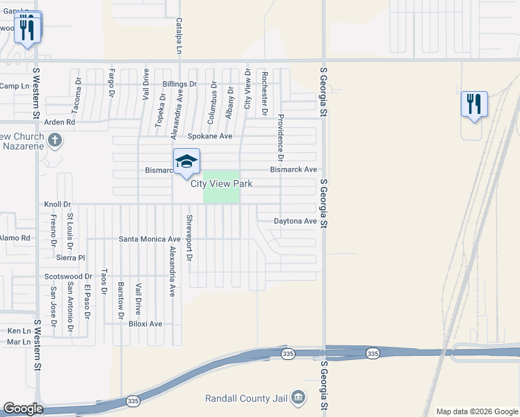 map of restaurants, bars, coffee shops, grocery stores, and more near 2909 Knoll Drive in Amarillo