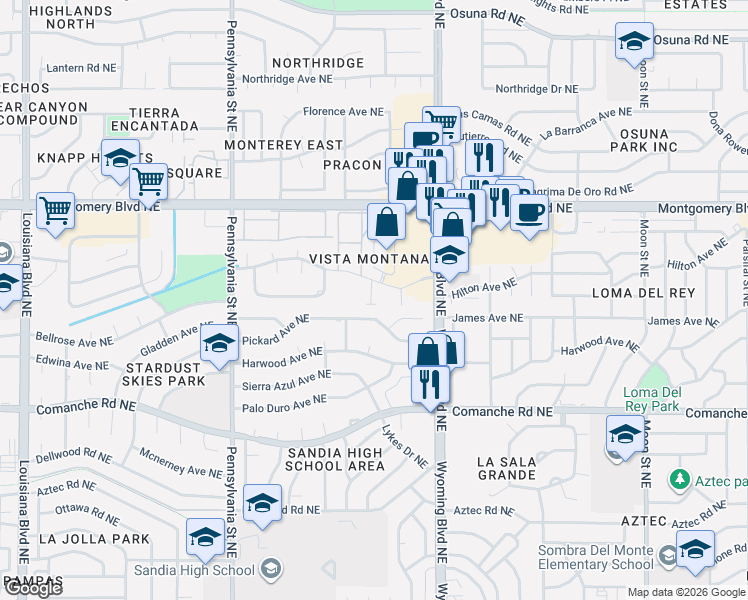 map of restaurants, bars, coffee shops, grocery stores, and more near 8013 Pickard Avenue Northeast in Albuquerque