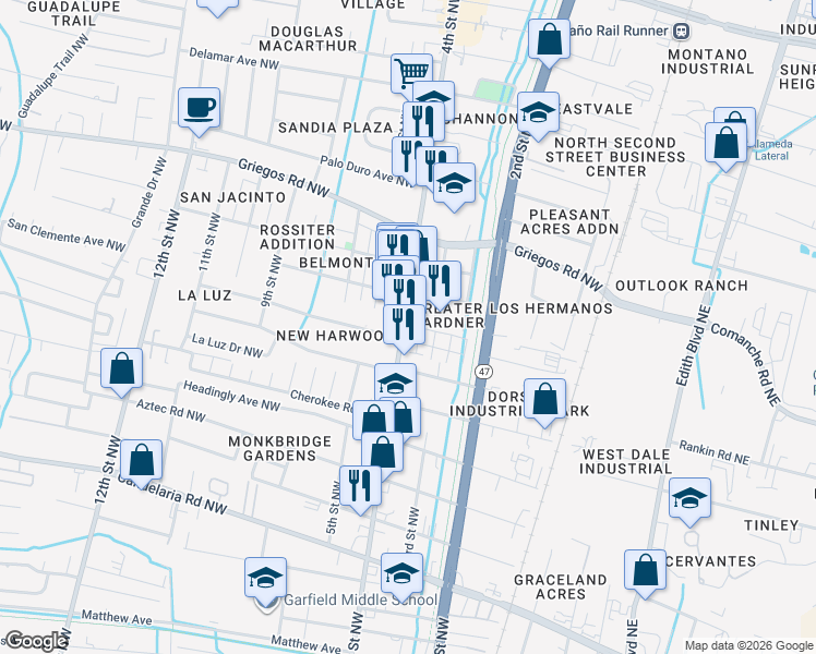 map of restaurants, bars, coffee shops, grocery stores, and more near 343 San Clemente Avenue Northwest in Albuquerque