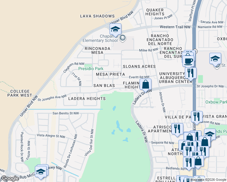 map of restaurants, bars, coffee shops, grocery stores, and more near 6444 Saint Josephs Avenue Northwest in Albuquerque