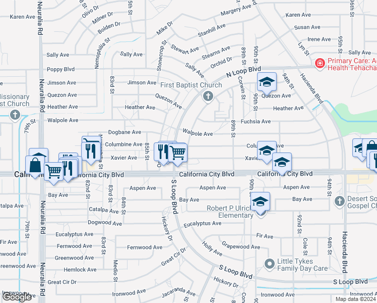 map of restaurants, bars, coffee shops, grocery stores, and more near in California City