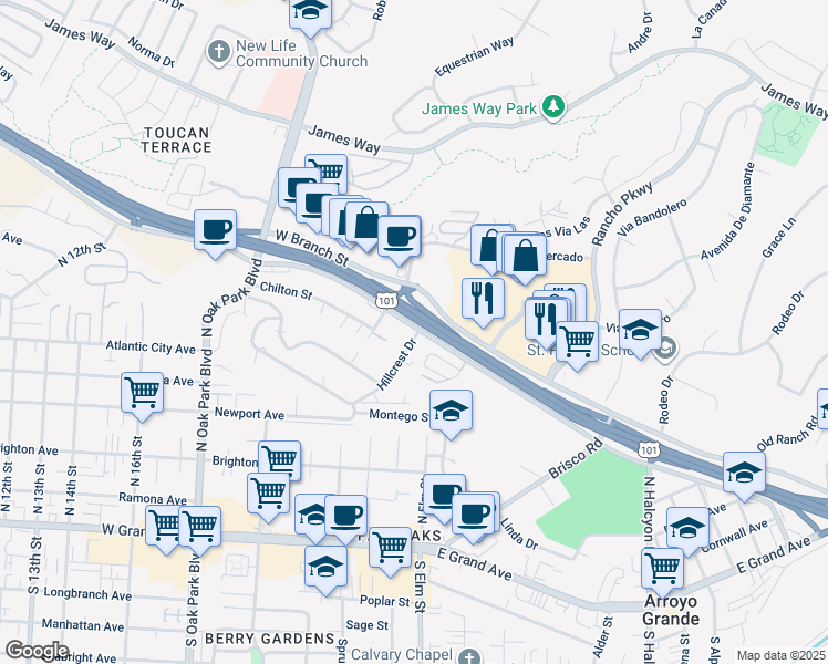 map of restaurants, bars, coffee shops, grocery stores, and more near 1160 Stonecrest Drive in Arroyo Grande