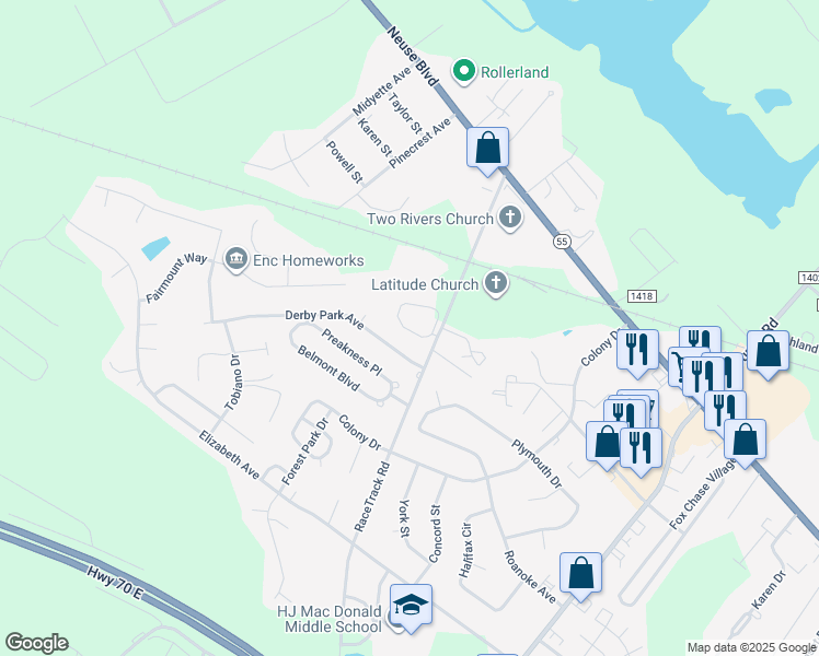 map of restaurants, bars, coffee shops, grocery stores, and more near 264 Lombardi Circle in New Bern