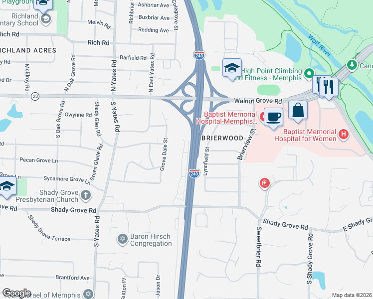 map of restaurants, bars, coffee shops, grocery stores, and more near 118 Sylben Cove in Memphis