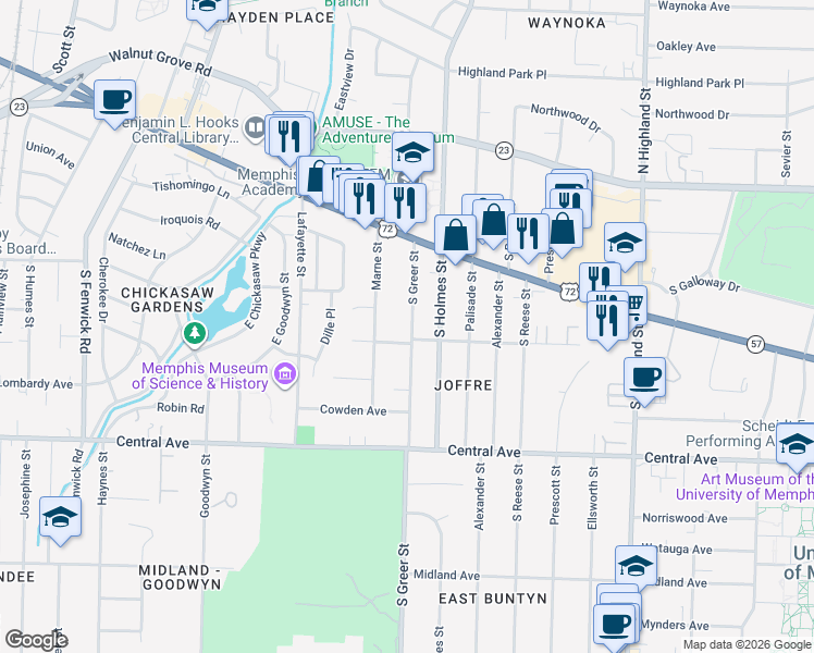map of restaurants, bars, coffee shops, grocery stores, and more near 3208 Joffre Avenue in Memphis
