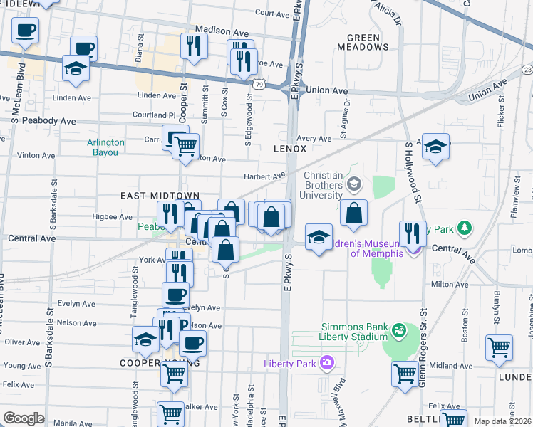map of restaurants, bars, coffee shops, grocery stores, and more near 686 Landis Street in Memphis