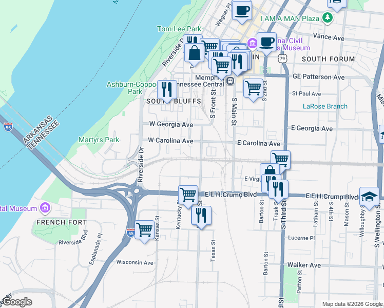 map of restaurants, bars, coffee shops, grocery stores, and more near 27 West Carolina Avenue in Memphis