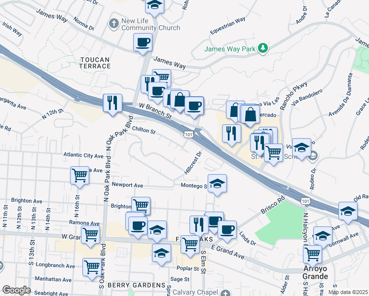 map of restaurants, bars, coffee shops, grocery stores, and more near 260 Robles Road in Arroyo Grande