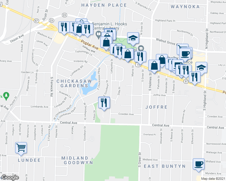 map of restaurants, bars, coffee shops, grocery stores, and more near 158 Lafayette Street in Memphis