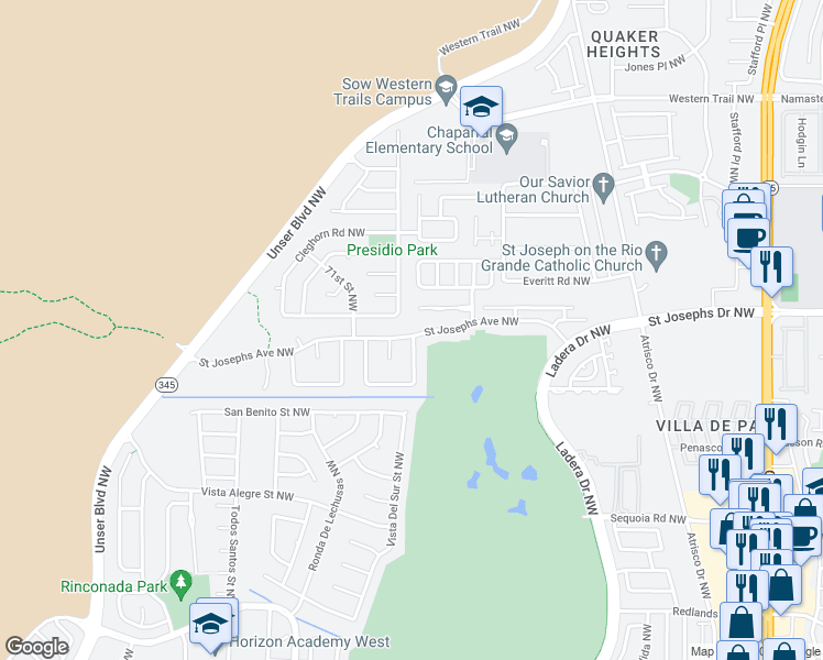 map of restaurants, bars, coffee shops, grocery stores, and more near 6643 Saint Josephs Avenue Northwest in Albuquerque