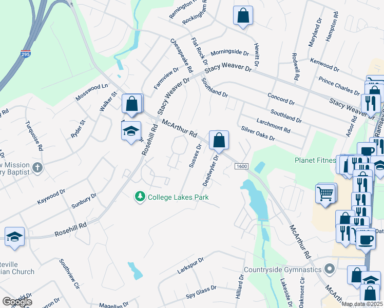 map of restaurants, bars, coffee shops, grocery stores, and more near 4237 Sussex Drive in Fayetteville